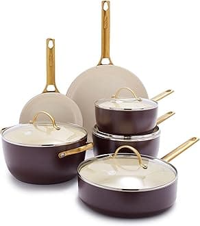 GreenPan Hard Anodized Healthy Ceramic Nonstick 10 Piece Cookware Pots and Pans Set, Gold Handle, PFAS-Free, Dishwasher Safe, Oven Safe, Merlot Purple
