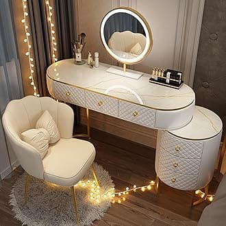 Vanity Set - Makeup Vanity Desk with Smart LED Mirror and Chair, Luxurious Makeup Table with 5 Drawers ＆ Metal Legs, Suitable for Her (White, 48'')