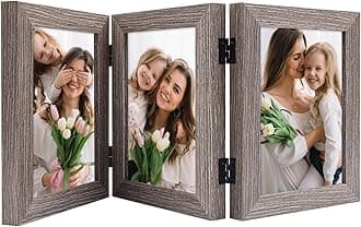 Frametory, 5x7 Trifold Picture Frame Hinged Photo Frames Three Folding Frame Desktop Glass Frame Vertical (Gray, 5x7 Triple)
