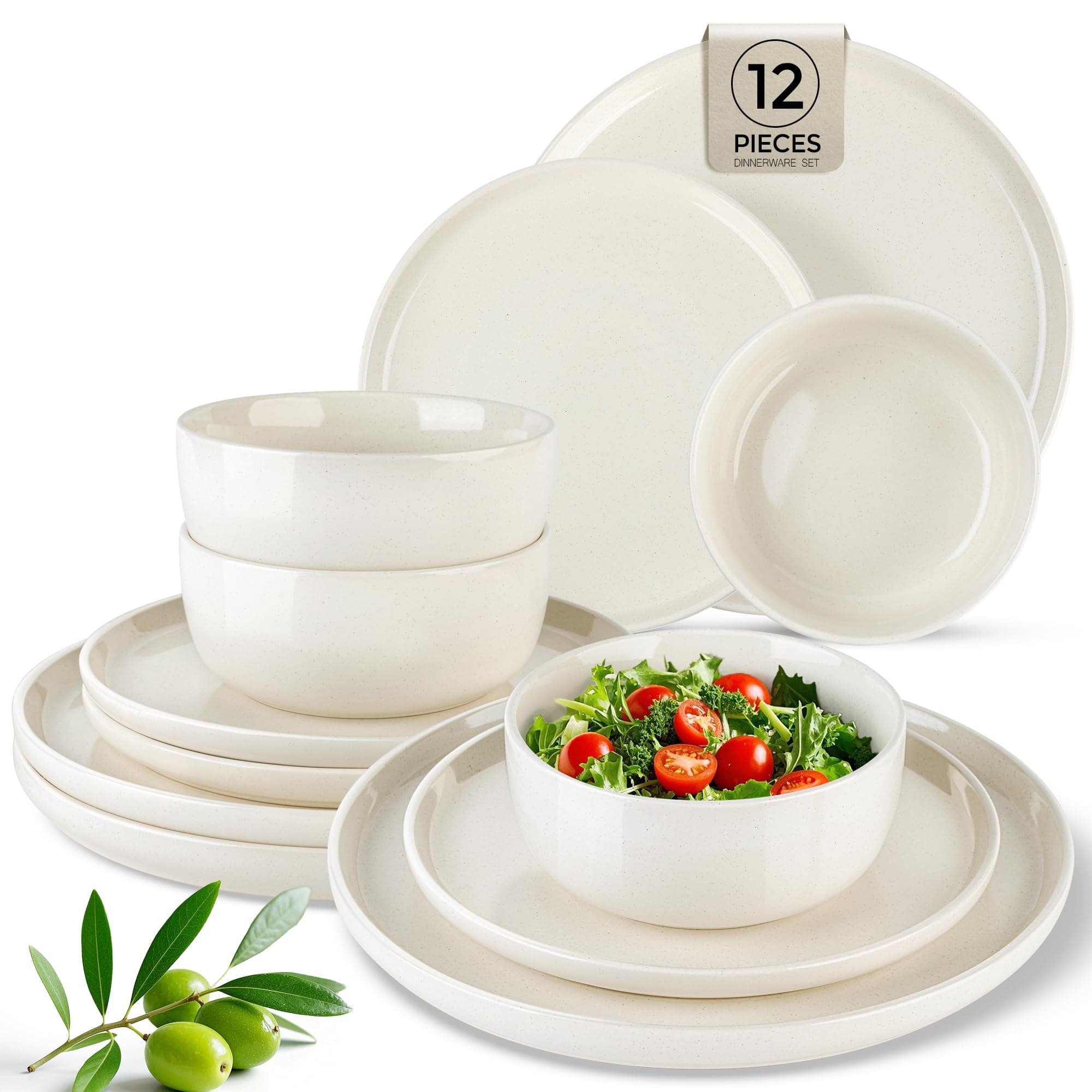 AmorArc Dinnerware Set for 4, 12 Pieces Ceramic Plates and Bowls Set, Handcrafted Speckled Stoneware Plates Set, Dishwasher & Microwave Safe Dishes Set (Light Beige, Service for 4)
