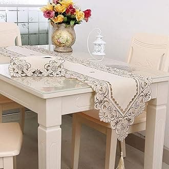 LeLehome 15 X 112 Inches Table Runner, Beige Floral Flowers Embroidery Dresser Scarf Long Home Dining Party Wedding Decorative Tapestry - Brown Flower