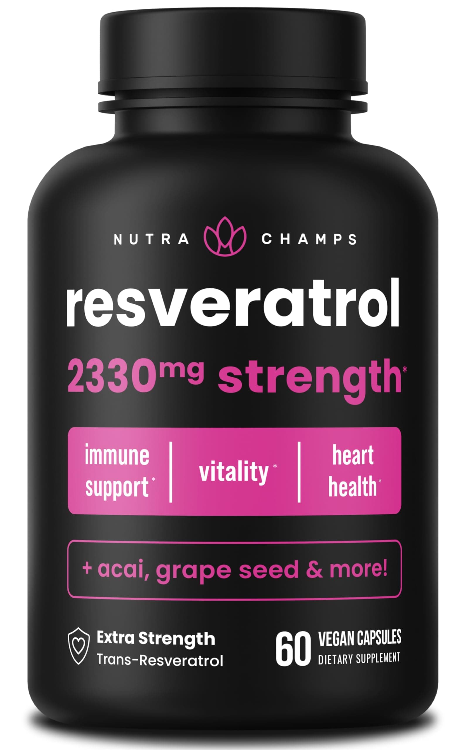 NutraChamps Resveratrol Supplement, Extra Strength Formula for Healthy Aging, Immune Support, 60 Vegan Capsules with Trans-Resveratrol, Green Tea Leaf, Acai Berry & Grape Seed Extract