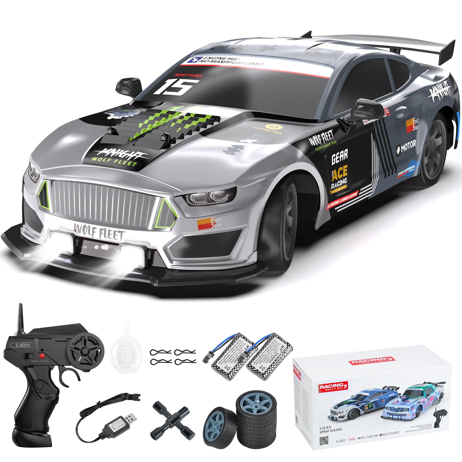 Remote Control Car 1/16 Scale RC Drift Car 2.4GHz 4WD High Speed 18+KM/H Vehicle with LED Lights and Spray, Extra Drifting Tires Racing Vehicle Toys Birthday Gifts for Adults Boys, 2 Batteries