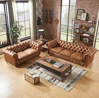 ND EURO HANDICRAFT Modern Sofa & Classic Leatherette Chesterfield Sofa (3+2) 5 Seater Sofa Set (Tan Brown)