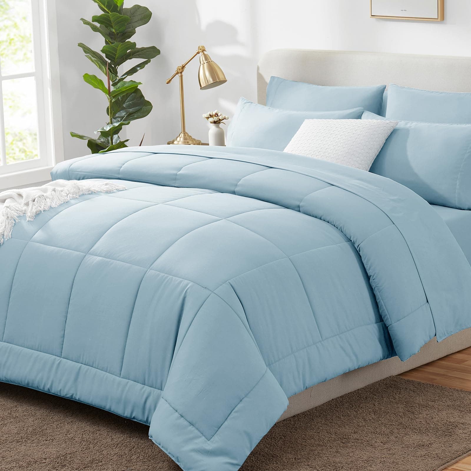 CozyLux Full Size Comforter Sets Light Blue, 7 Pieces Bed in a Bag, Blue Comforter Full Size, All Season Bedding Sets with Stitch Quilted Comforter, Flat Sheet, Fitted Sheet, Pillowcases
