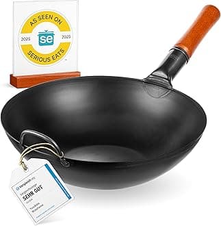 Carbon Steel Woks and Stir Fry Pans 34 cm - Traditional Chinese Japanese Wok with Flat Bottom - Compatible with Induction, Electric, Ceramic, Gas cooktops, and Open Flame, BBQ, Grill