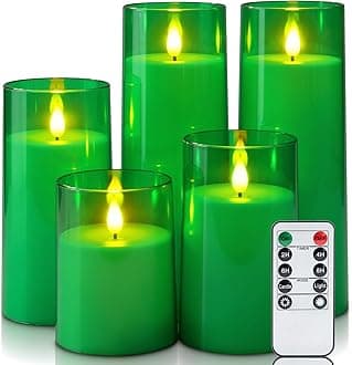 Homemory Green Flickering Flameless Candles, Battery Operated Acrylic LED Pillar Candles with Remote Control and Timer, Set of 5, St. Patrick's Day