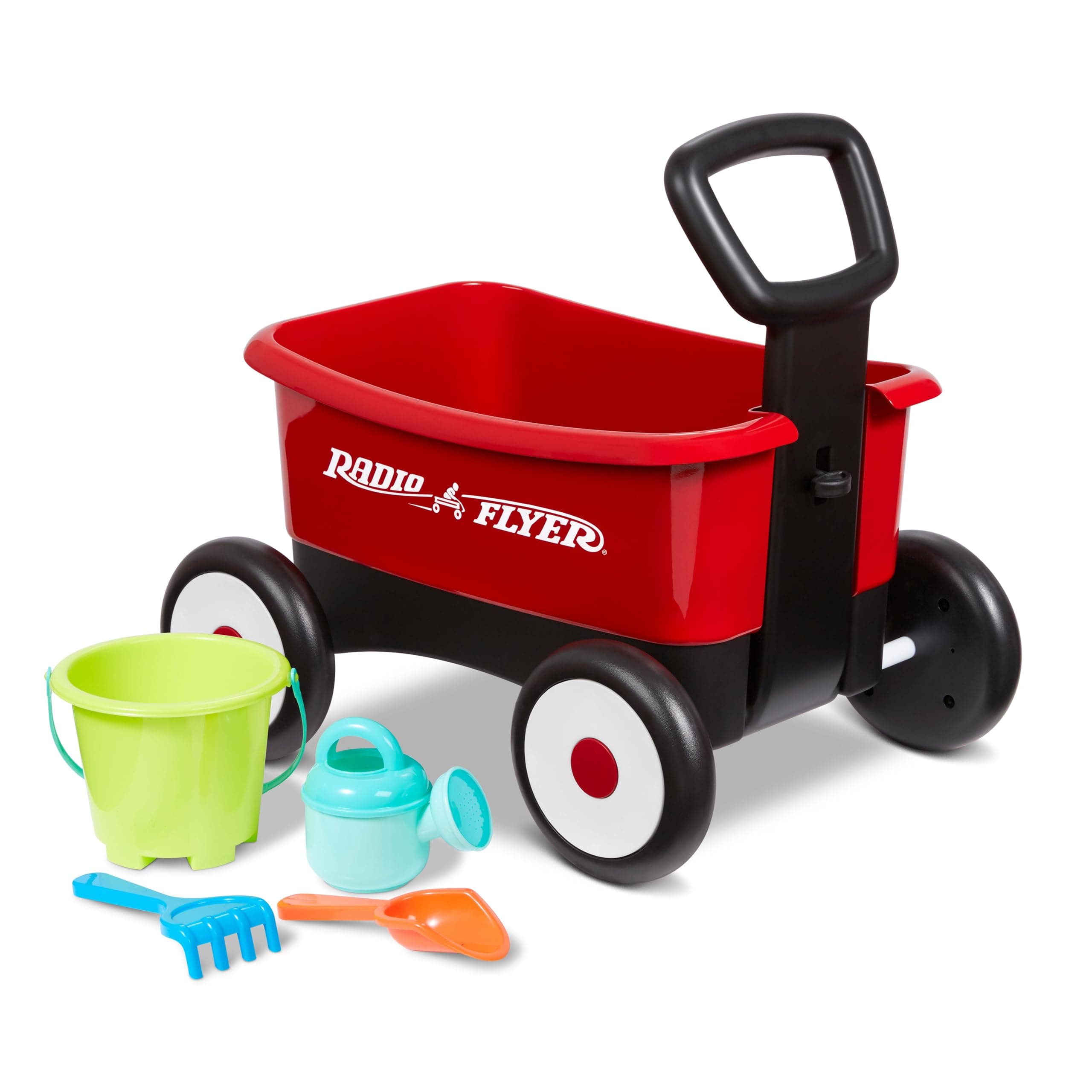 Radio Flyer Push & Pull Walker Wagon with Garden Tools, Red, for Kids 1-4 Years Old, Locking Handle for Stability, Baby Push Walker Converts to Pull Wagon, for Indoor & Outdoor Play