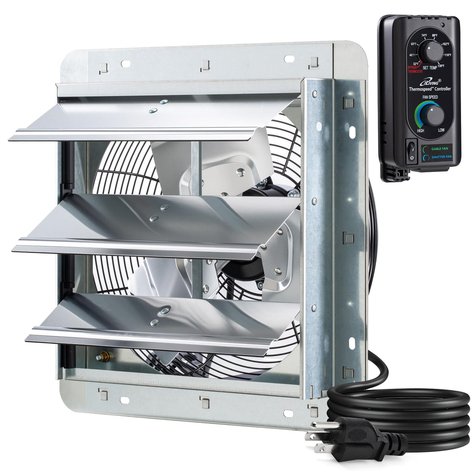 iLIVING 12" Wall Mounted Shutter Exhaust Fan, Automatic Shutter, with Thermostat and Variable Speed controller, 0.6A, 960 CFM, 1400 SQF Coverage Area Silver (ILG8SF12V-ST)