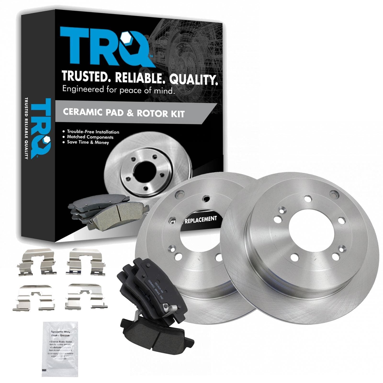 TRQ Rear Brake Pad and Rotor Set Ceramic Solid Rotors Compatible with 2010 Hyundai Azera 2007-2009 Kia Amanti