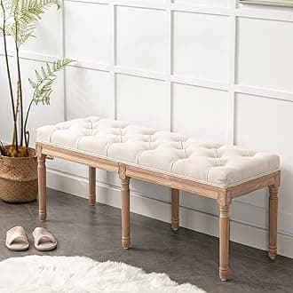 47” Bedroom Bench,French Vintage Tufted Entryway Benches Upholstered Dining Benches with Cushion,Linen Fabric End of Bed Bench for Bedroom Living Room Entryway,Beige