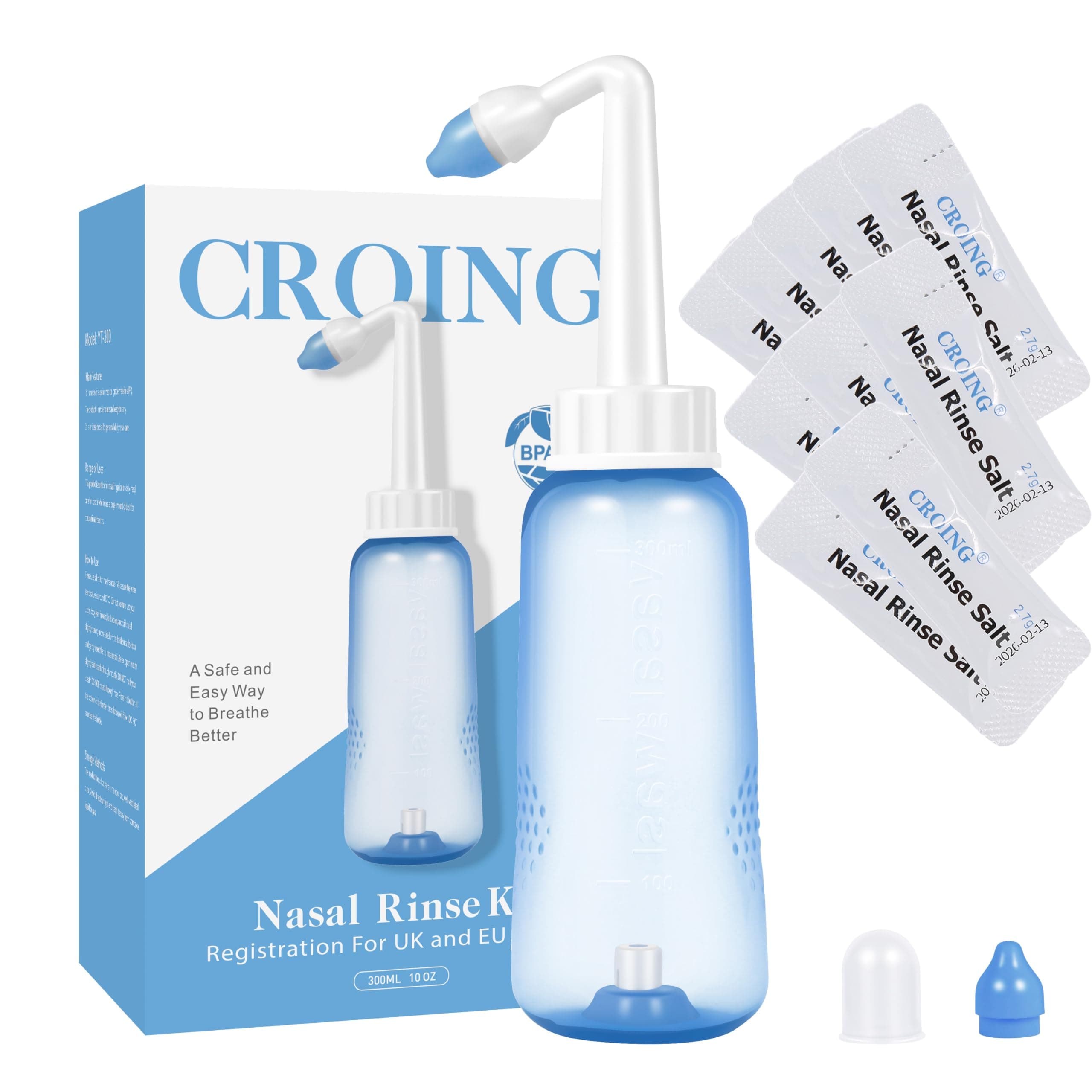 CROING 120 x Sinus Rinse Mix + 1x Nasal Wash Bottle (300ml), Nasal Rinse Sachets Kit, Neti Pot Salt, Nasal Irrigation, Nasal Douche,Sinus Relief, Neti-Pot