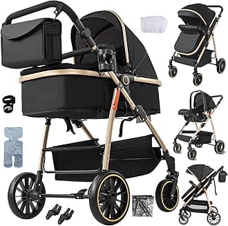 3 in 1 Baby Stroller Travel System, Pushchair 3 in 1 Set, Toddler Pram with Reversible Two Pushing Modes, Newborn Buggy Aluminum Frame, Infant Carriage One-Click Folding (V8 Black Gold)