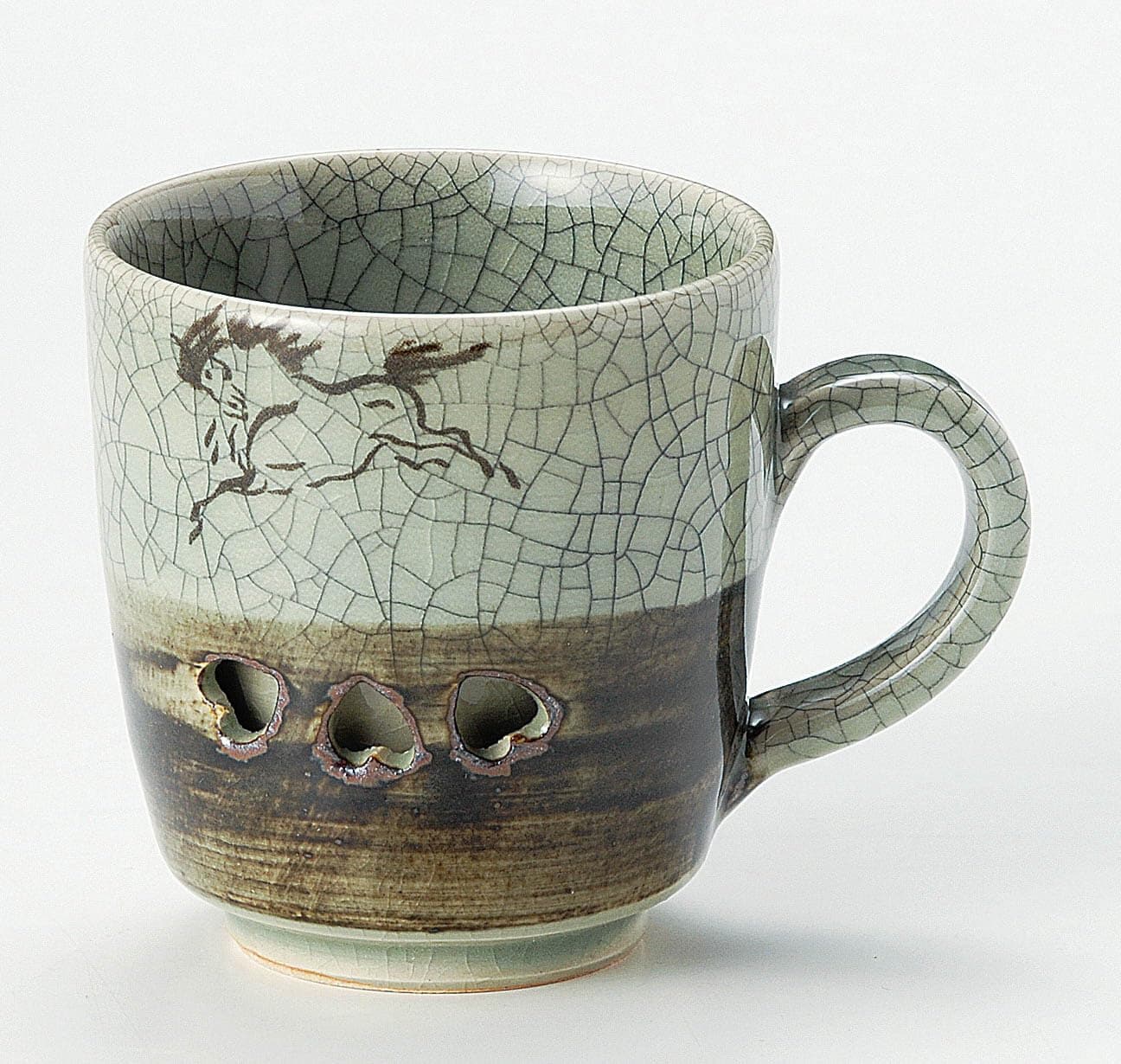 Japanese Soma Ware Ceramic Double-layered structure Mug Cup H3.7 x 3.3 Inches in diameter, 6.8 Fluid Ounces, Sacret Horse Design, Cracked Pattern Grayish-green Made in Japan