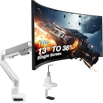 AVLTSingle Monitor Arm Desk Mount Fits One 13"-38" Ultrawide Monitor with Gas Spring Full Motion Adjustable Height Swivel Tilt Rotation | VESA/C-Clamp Cable Management | White