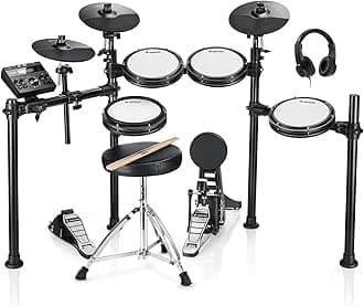 DED-200 Electric Drum Sets with Quiet Mesh Drum Pads, 2 Cymbals w/Choke, 31 Kits and 450+ Sounds, Throne, Headphones, Sticks, USB MIDI, Melodics Lessons (5 Pads, 3 Cymbals)