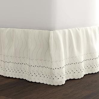 Eyelet Bed Skirt, Ruffled Design, 14 Inch Drop, Embroidered Scalloped Edge, Queen, Ivory