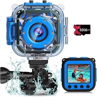 PROGRACE Children Kids Camera Waterproof - Digital Video Camera for Kids HD 1080P Holidays Birthday Gifts Age 3 4 5 6 7 8 9 10 11 12 Year Old Kids Camcorder Toddler Learn Toy Camera Sky Blue