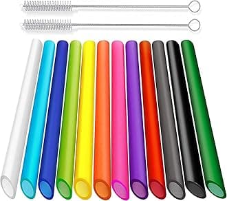 ALINK 12 PCS Reusable Boba Straws, 13 mm x 8.5 in Colored Plastic Smoothie Straws for Bubble Tea, Tapioca Pearls with 2 Cleaning Brush - Pointed Design