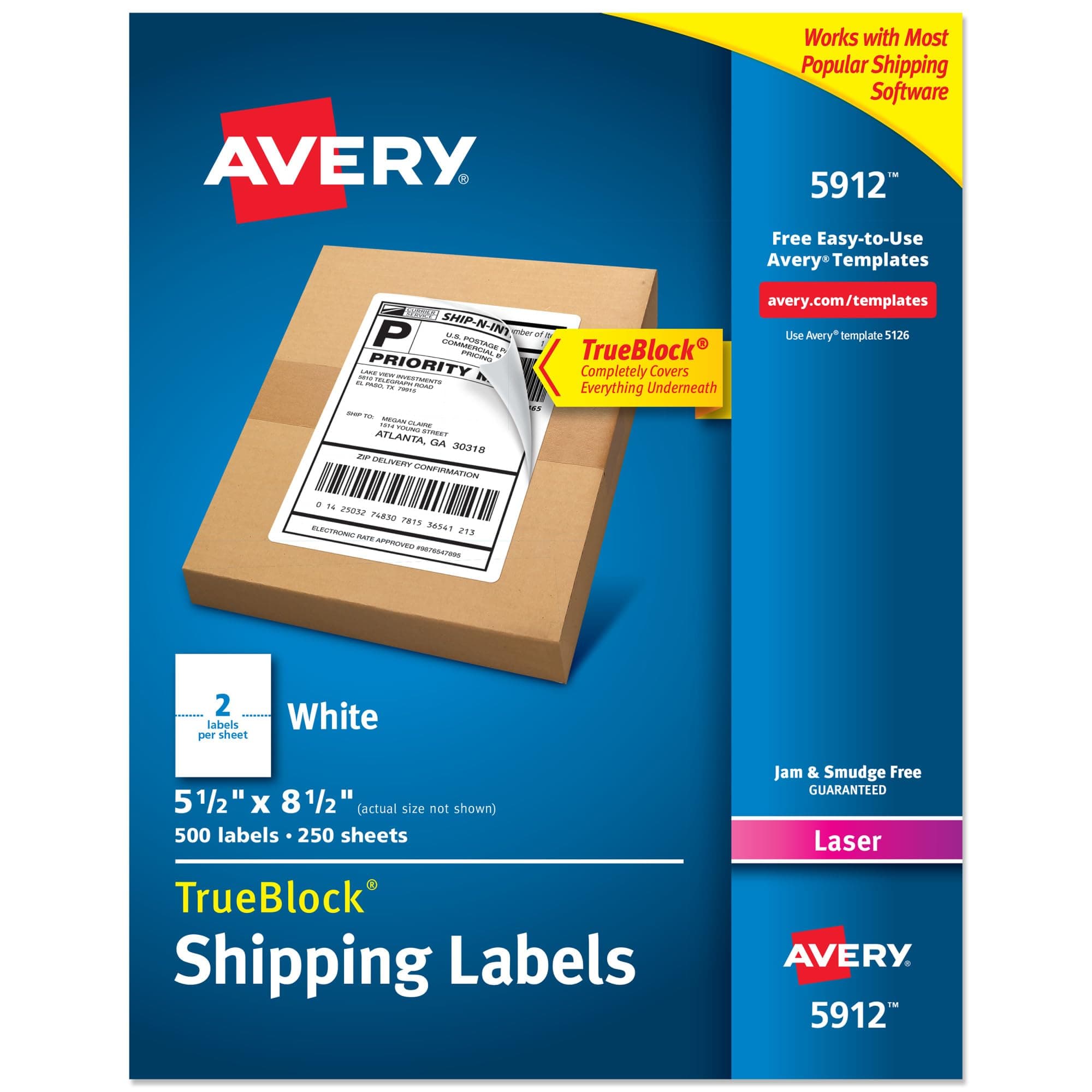 Avery Half-Sheet Printable Shipping Labels, 5.5" x 8.5" Customizable Stickers, White, 500 Blank Mailing Labels, Great for Mailing, Shipping, Organizing, and More (5912)