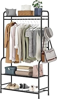 Clothing Rack Metal Garment Racks with Bottom Shelves Free-Standing Clothes Rack for Indoor Bedroom, Balcony, Hallway, Laundry (Black)