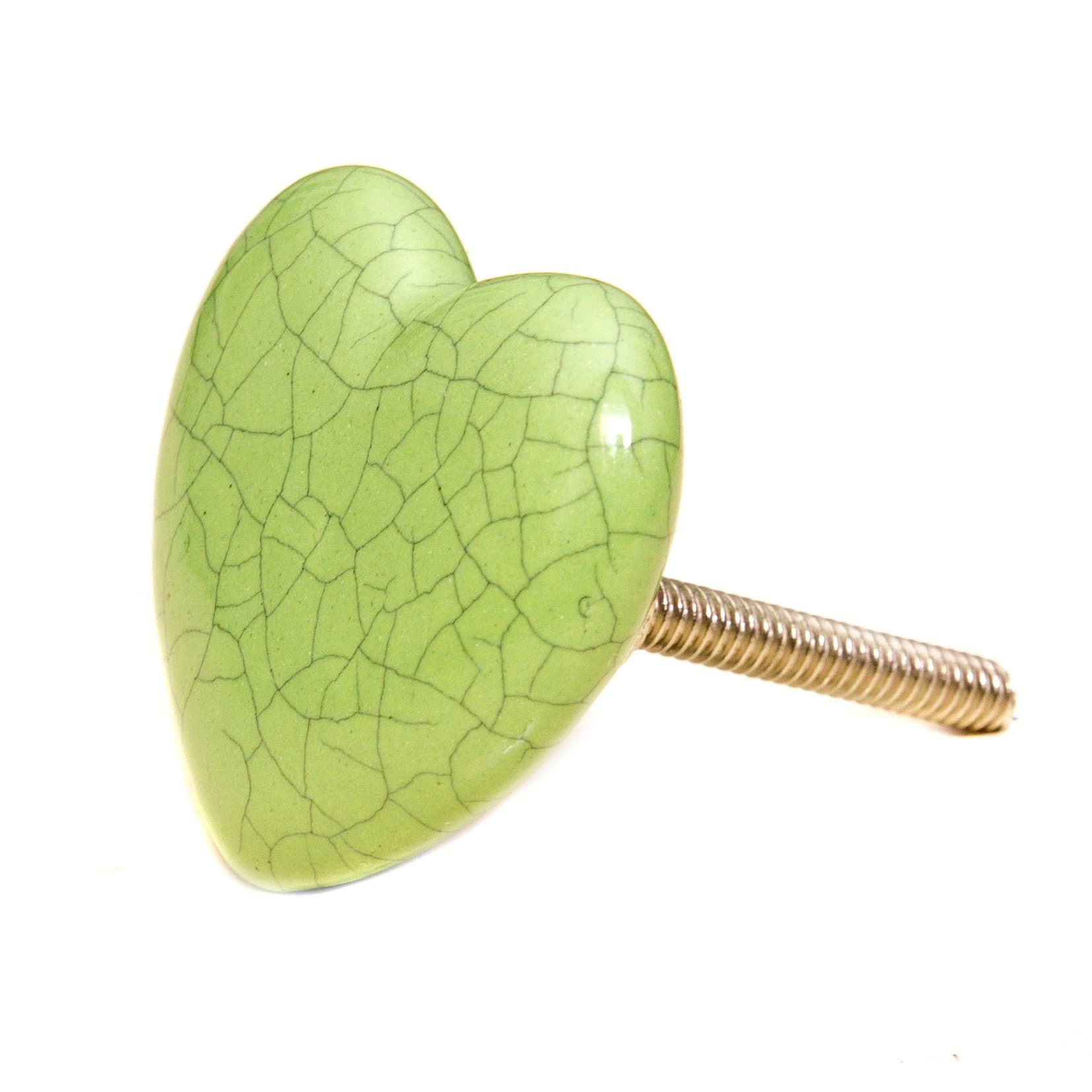 Pretty Green HEART Shaped CERAMIC Door Knobs / Drawer Pulls from INDIA. SET of 4.