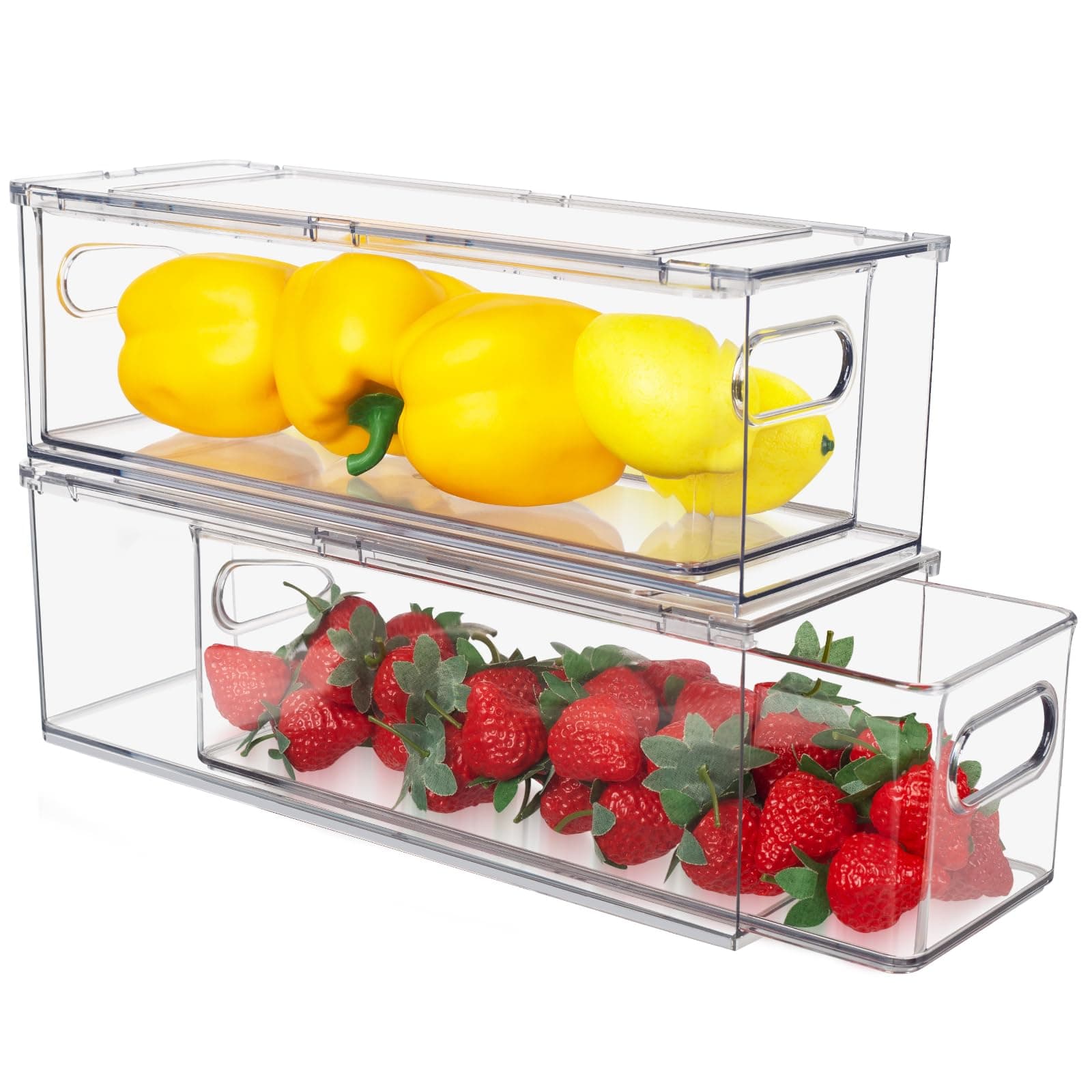Abiudeng 2 Pack Stackable Refrigerator Organizer Bins with Pull-out Drawer, Drawable Clear Fridge Drawer Organizer with Handle, Plastic Kitchen Pantry Storage Containers