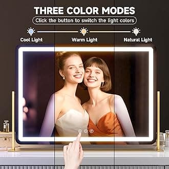 Hasipu Vanity Mirror with Lights, 30" x 21" LED Makeup Mirror, Light up Mirror with 5X Magnification and Phone Holder, USB Charging Port, Smart Touch 3 Colors Dimmable, 360° Rotation (Gold)