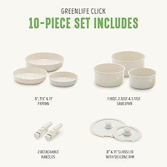 GreenLife 10 Piece Non-Stick Saucepan and Pan Set, Removable Handle and Stackable Cookware Set, Non-Toxic, PFAS-Free Frying Pans, Induction Kitchen Pans, Space Saver, Serving Bowls