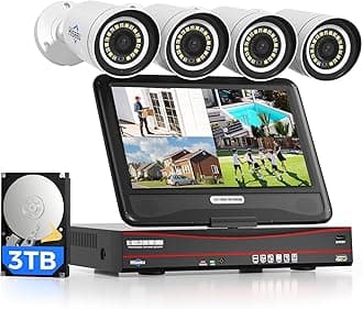 Hiseeu 5MP 8CH PoE CCTV Security Camera System,5MP NVR with 10'' LCD Monitor,4pcs HD IP Cameras Outdoor IP66 Color Night Vision Remote Access Two-way Audio,3TB HDD Preinstalled,(PK-10V-4HB905-UK)