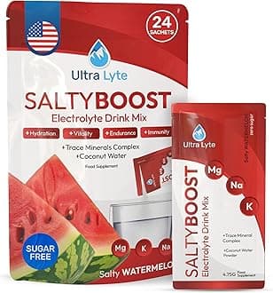 Electrolytes Drink Mix - Sugar-Free Salty Watermelon Powder - 24 Sachets with High Sodium, Trace Minerals, and Coconut Water - Hydration for Exercise, Rehydration, and Recovery