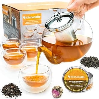 Glass Teapot Set with 4 Double Wall Tea Cups & Removable Stainless Steel Infuser, 35oz/1000ml Borosilicate Tea Kettle Stovetop Safe, Loose Leaf & Blooming Tea Maker Gift Set for Women