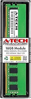 A-Tech Server 16GB DDR4 3200MHz PC4-25600 ECC UDIMM 1Rx8 Single Rank 1.2V ECC Unbuffered DIMM 288-Pin Server & Workstation RAM Memory Upgrade Module (A-Tech Enterprise Series)