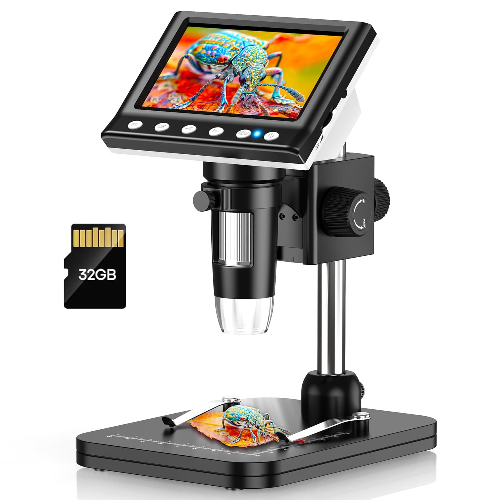 4.3'' IPS Digital Microscope, 1000X Magnification Digital Microscope for Adults，Coin Collection Supplies with 8 Adjustable LEDs，Windows Compatible，32GB TF Card