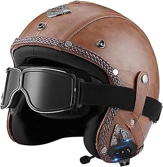Retro Open Face Motorbike Helmet with Bluetooth, Leather Jet Helmet with Personalized Goggles, DOT Approved 3/4 Motorcycle Half Helmet, Crash Helmet for Adult Men and Women