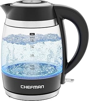 Chefman Electric Kettle, 1.8L 3000W, Hot Water Boiler, Removable Lid for Easy Cleaning, Auto Shut Off, Boil-Dry Protection, Stainless Steel Filter, BPA Free, Borosilicate Glass Electric Tea Kettle