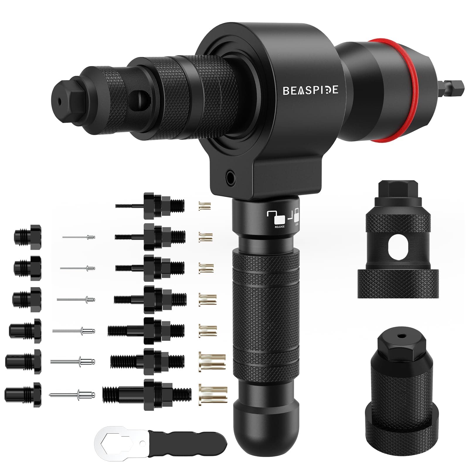 Beaspire Rivet Nut Tool Kit for Drill, 2-in-1 Cordless Rivet Gun Adapter & Rivet Nut Adapter, Rivnut Tool Set with 7 Metric Mandrels, 6 Rivet Head Sizes, 65Pcs Rivet Nuts, Carry Case