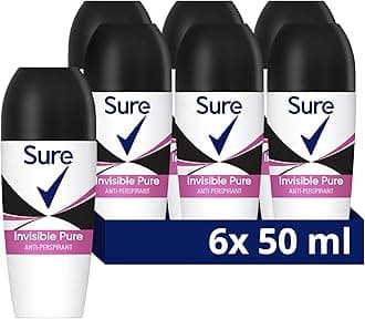 Sure Invisible Pure Anti-Perspirant Roll On Women's Deodorant that protects against white marks and yellow stains for 48 hour sweat and odour protection 6x 50 ml