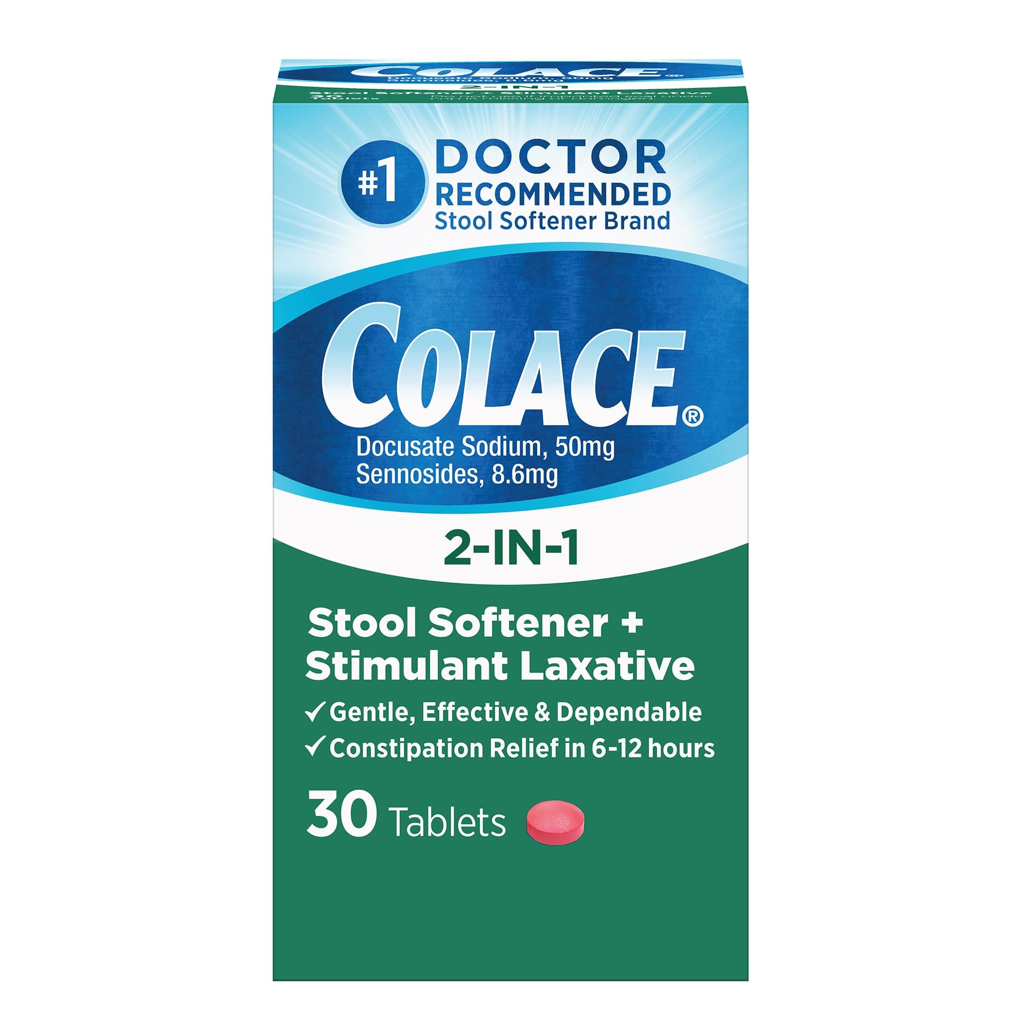 Colace 2-in-1 Stool Softener Plus Stimulant Laxative Tablets, 30 Count, Gentle Constipation Relief, Docusate Sodium Plus Sennosides