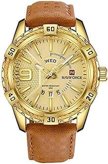NAVIFORCE Men's Leather Military Analog Wristwatch with Calendar (Gold)