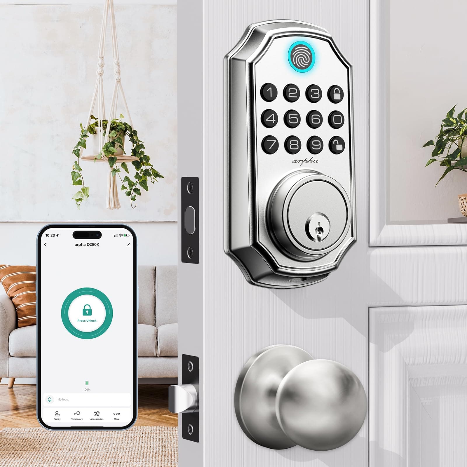 Keyless Entry Deadbolt with Handle Set - Arpha 100 Code Smart Fingerprint Door with App Control, Anti-Peeping Password Auto Lock, One Time Code, Satin Nickel