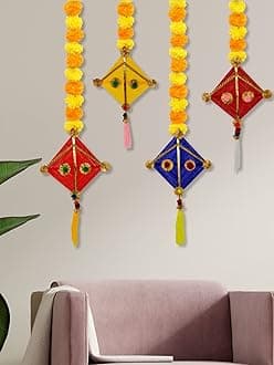 JH Gallery Handmade Artificial Marigold Fluffy Flowers Colorful Woolen Kite Hangings (39 Inches Height Approx.) (Pack of 4), Jhg-gk-po4