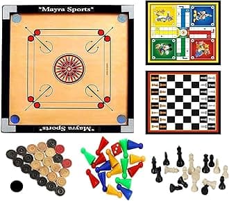 Mayra Sports & Fitness Wooden Carrom Board 3 In 1 Game (Carrom Full Size 32 * 32 With Ludo Chess)