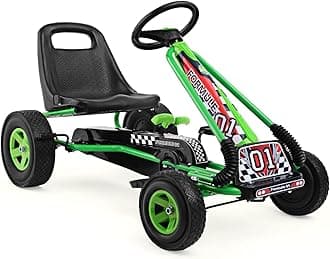 Go Kart for Kids, 4 Wheel Quad Off-Road Pedal On Foot Go Cart w/Steering Wheels & Adjustable Seat, 2 Safety Brakes, EVA Tires, Clutch, Outdoor Racer Ride On Pedal Car (Green)