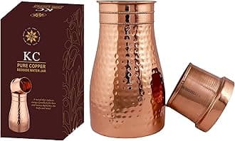 Pure Copper Designer Copper Water Bottle | Pitchers | Water Jug | Bedroom Jar | Bedside Bottle Carafes with Tumbler/Glass with Lid 1250 ML (Hammered)