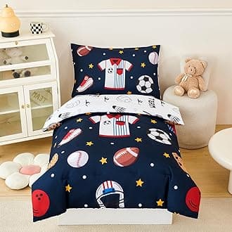 4 Pieces Sports Toddler Bedding Sets for Boys Reversible Baseball Football Toddler Bed Set with Sheets Soft Fluffy Navy Blue Sport Kids Bed in a Bag for Bedroom(Sport, Toddler)