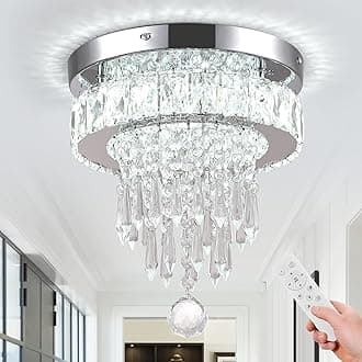 LEONTYNE 9.8" Dimmable Ceiling Light Chandelier,Small Flush Mount Chandelier Crystal Light Fixture for Bedroom Dining Room Closet Hallway (3 Colors Change)