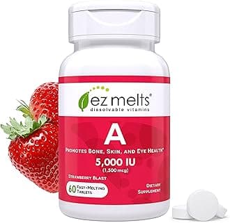 EZ Melts Vitamin A - Skin, Eye & Bone Health Supplement - Supports Healthy Nervous System - No Artificial Flavors - Non-GMO & Vegan - Strawberry Blast - 60 Dissolvable Tablets (60 Servings)