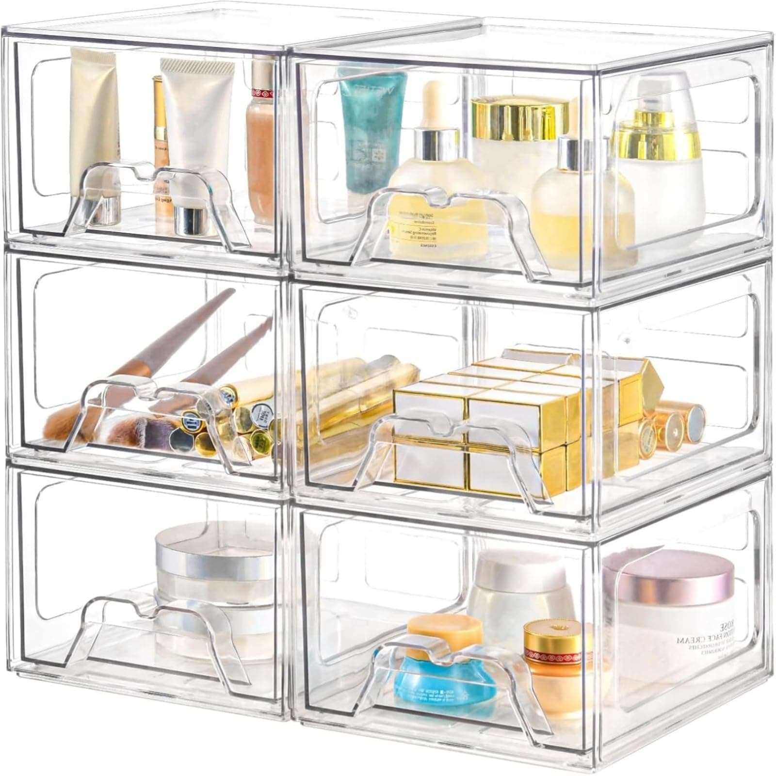 6 Pack Stackable Storage Drawers, Acrylic Bathroom Makeup Organizer and Storage,Clear Plastic Pull Out Drawers for Vanity, Undersink, Kitchen Cabinet, Pantry Organization and Storage