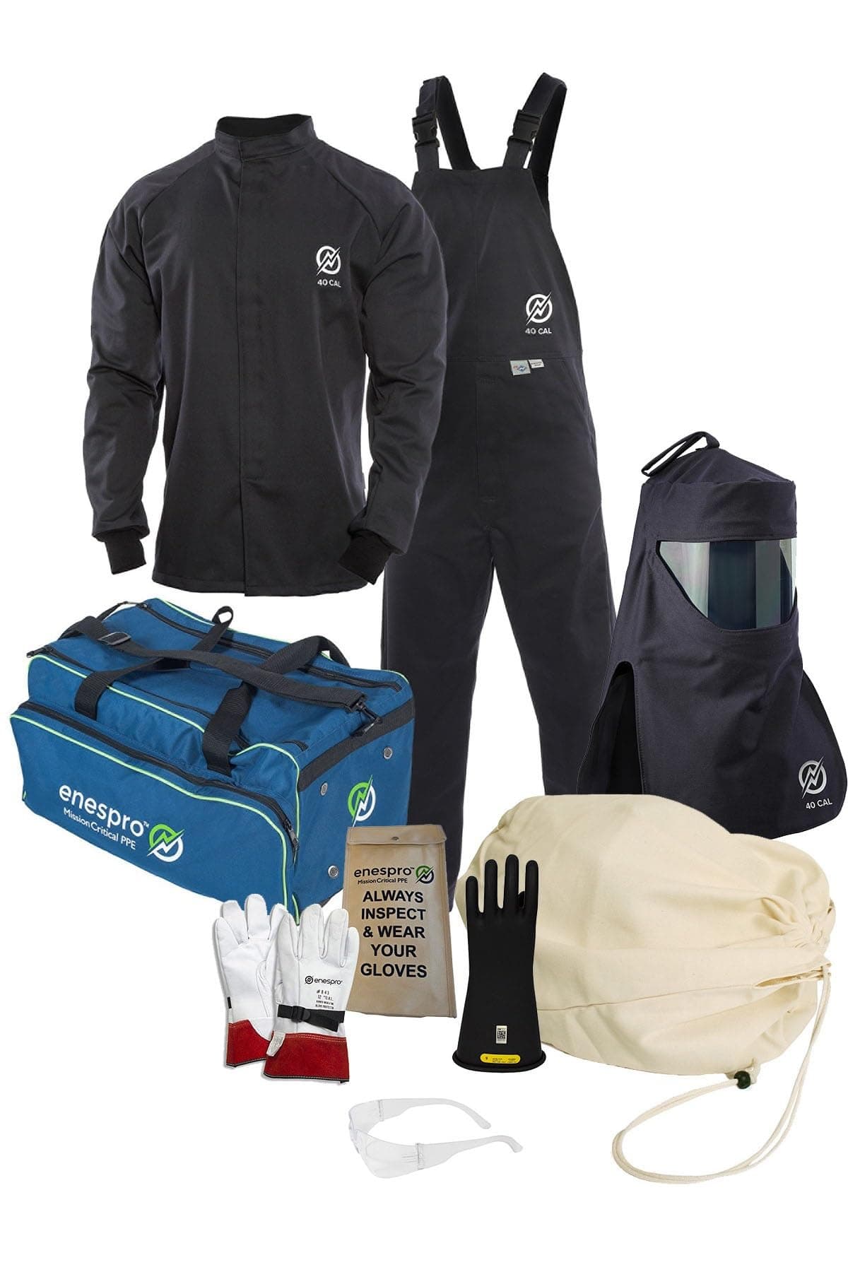 Enespro ArcGuard, CAT 4, 40 Cal Arc Flash Kit with FR Short Coat and Bib Overall, Standard Hood, Safety Glasses, and Gear Bag